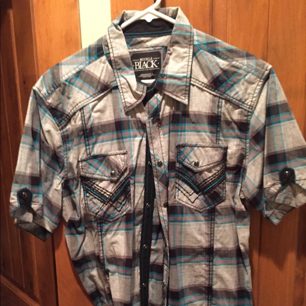Gently used black buckle button down